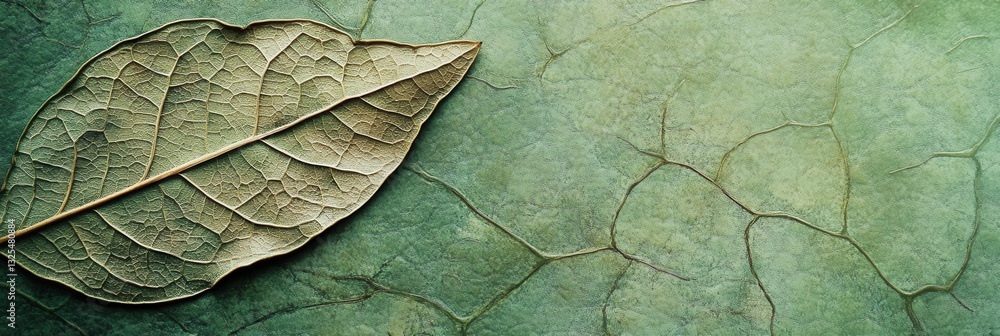 Poster textured leaf against a green background, creating a sustainable and organic feel with a harmonious 