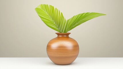 A simple yet elegant vase made of wood holds vibrant green leaves, adding a touch of nature to a minimalist background.