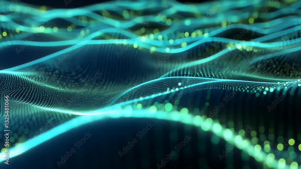 Poster glowing neon waveforms in dynamic digital landscape