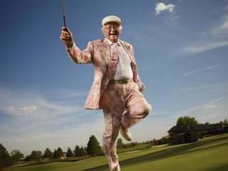 Joyful senior golfer in vibrant floral suit celebrates a perfect swing on a sunny day at the golf course