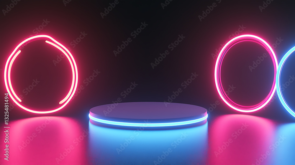 Poster dynamic neon light display virtual stage digital art futuristic environment eye-level perspective mo