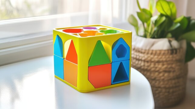Brightly colored baby shape sorter toy with geometric pieces on a clean white surface