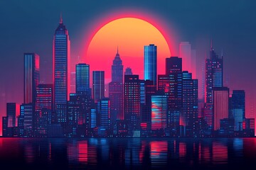 Obraz premium City skyline reflecting on water with giant sunset in background, ideal for digital art, illustration