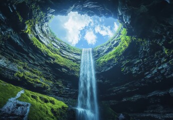 Majestic waterfall cascading down rocky cliff into a lush green cavern with bright blue sky and fluffy clouds overhead, showcasing nature's stunning beauty and tranquility