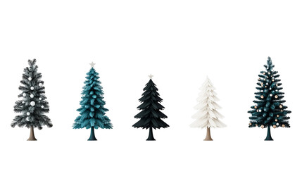 Obraz premium Png of A vibrant collection of five unique Christmas trees in various colors and styles on transparent background.