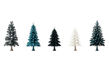 Png of A vibrant collection of five unique Christmas trees in various colors and styles on transparent background.