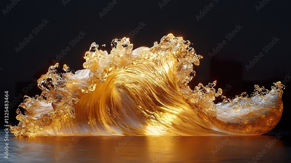 Poster a dynamic golden wave cresting and crashing with illuminated highlights