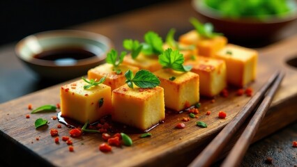 Savory Pan-Fried Cheese Cubes with Aromatic Herbs and Spices on Rustic Wooden Board