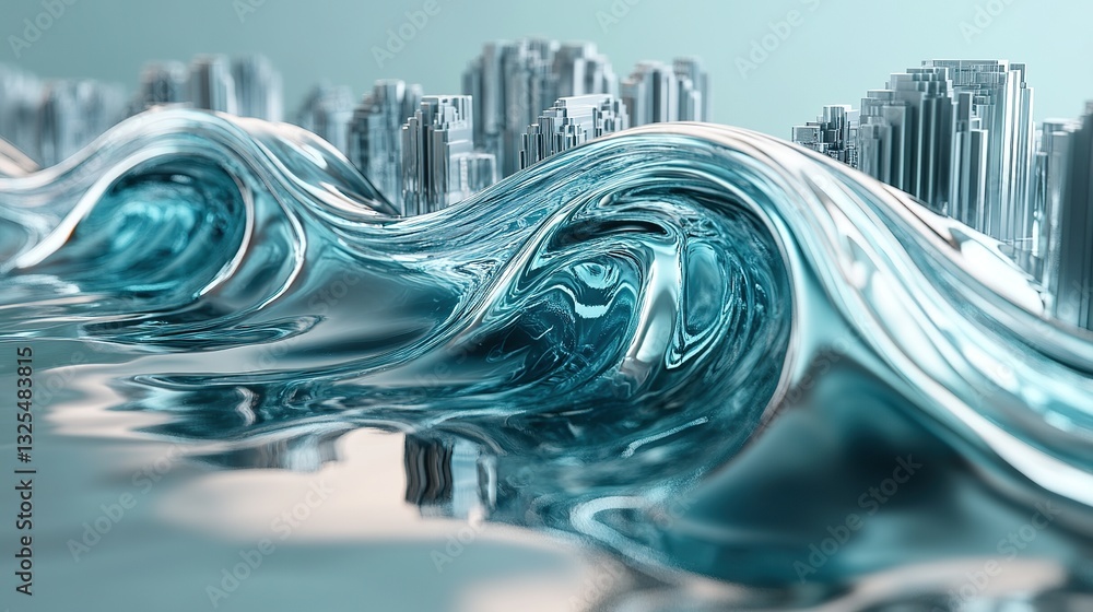 Poster abstract rendering of flowing liquid waves and city structures