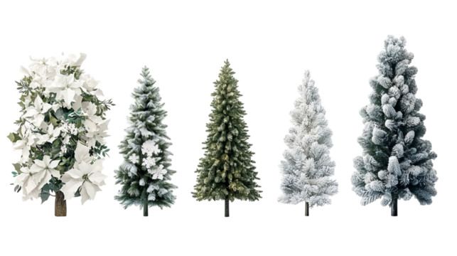Png of A variety of festive artificial Christmas trees showcasing diverse designs and colors on transparent background.