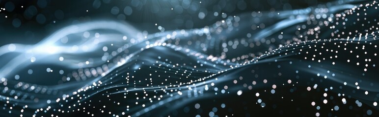 Futuristic abstract black background with dots forming a dynamic wave pattern.