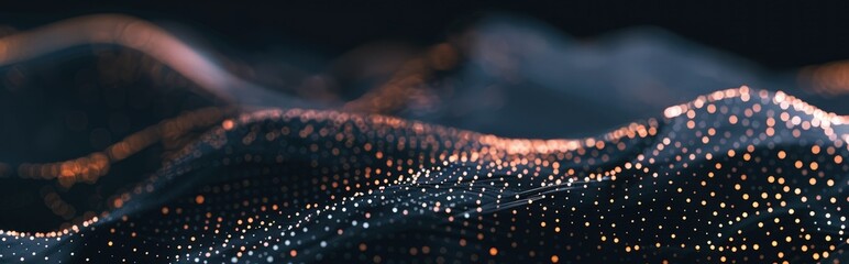 Futuristic abstract black background with dots forming a dynamic wave pattern.