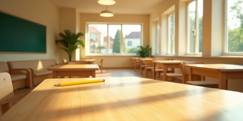 Fototapeta premium Sunlight streams into an empty classroom, illuminating a single pencil resting on a wooden desk; a quiet moment of anticipation before learning begins.