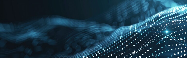 Futuristic abstract black background with white dots forming a dynamic wave shape.