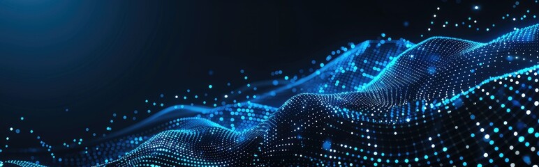 Futuristic abstract black background with white dots forming a dynamic wave shape.