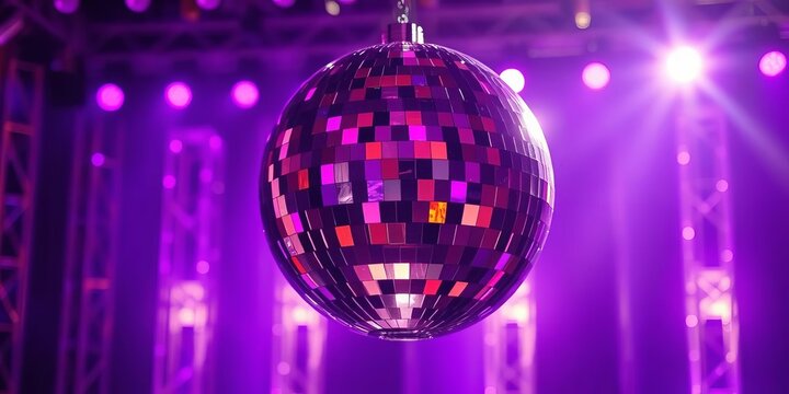 Shimmering disco ball reflects vibrant purple stage lights, leaving ample copy space, sparkle, mirror ball