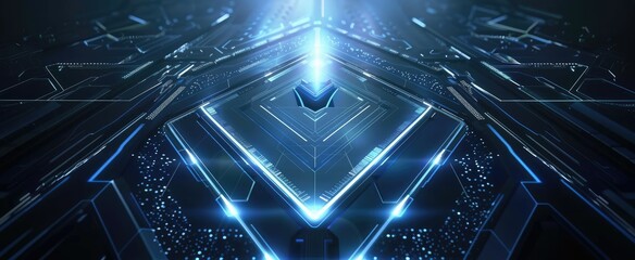 Futuristic abstract blue background with geometric shapes and glowing light lines.