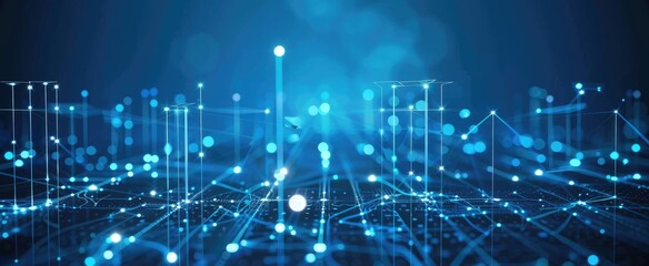 Futuristic abstract blue background with geometric shapes and glowing light lines.