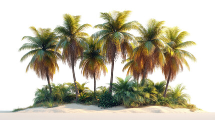 Obraz premium Paradise Found: A cluster of palm trees forms a tropical oasis, their fronds swaying gently in the warm breeze, set against a backdrop of pristine sand and crystal-clear waters.