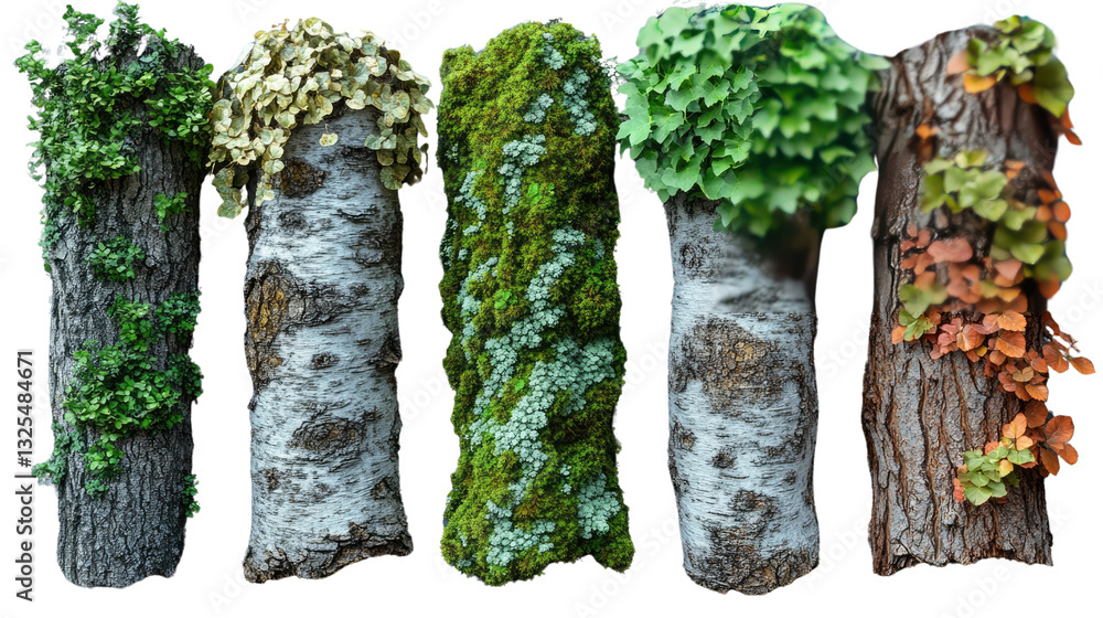 Aufkleber diverse tree bark textures: a captivating display of five different tree trunk textures, each showca