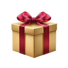 Obraz premium Elegant gold gift box with red ribbon bow on transparent background, cut out. Luxury present package for birthday, Christmas, or anniversary celebrations. Perfect for holiday, shopping