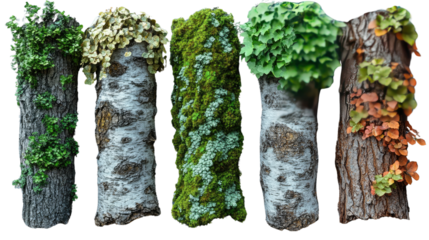 Diverse Tree Bark Textures: A captivating display of five different tree trunk textures, each showcasing unique patterns of bark and varying textures and colors.