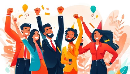 Celebration event team joy office setting digital illustration colorful atmosphere upbeat viewpoint teamwork concept
