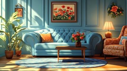 A parallax background showcases a vintage-themed cartoon interior, complete with a blue sofa, armchair, coffee table, lamp, pillows, and carpet, tailored for 2D animation.