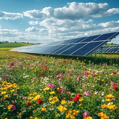 A beautiful field of colorful flowers with a solar panel in the background promoting sustainability
