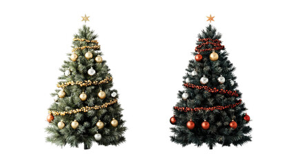 Png of Elegant Christmas trees adorned with festive ornaments and sparkling lights on transparent background.