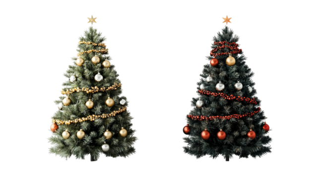 Png of Elegant Christmas trees adorned with festive ornaments and sparkling lights on transparent background.