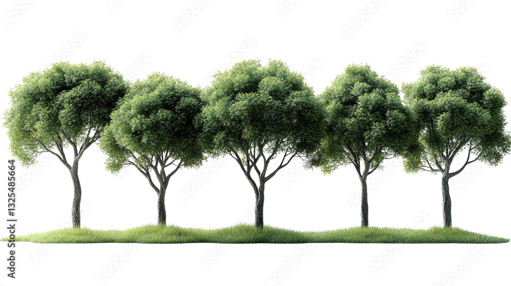 Poster lush green trees in a row: a row of vibrant green trees in full bloom. capturing the freshness of na