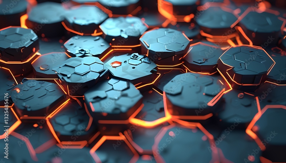 Poster dynamic lava-like patterns on hexagonal tiles digital art abstract design futuristic technology clos