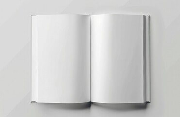 Minimalist white open magazine mockup on a clean white background, top view.