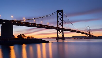 Fototapeta premium Golden hour twilight over the bay bridge san francisco landscape photography tranquil water wide angle urban serenity