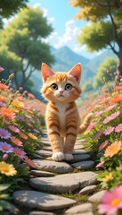 cat walking on a flowery path
