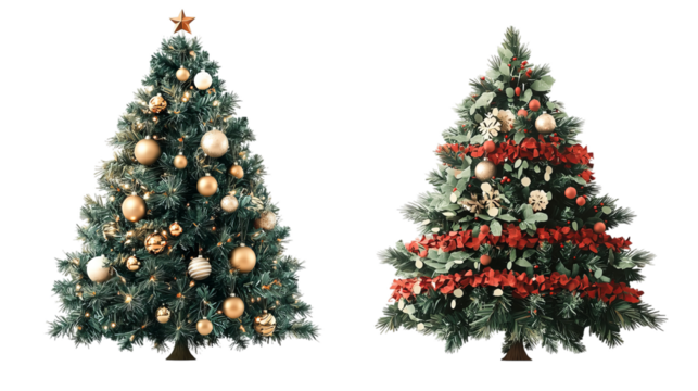 Png of Two beautifully decorated Christmas trees showcasing elegant and rustic styles on transparent background.