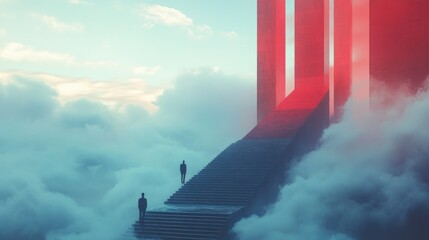Two figures ascend a staircase to a red cloud city