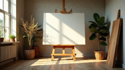 Sunlit Interior with Blank Canvas on Easel and Potted Plants