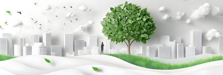 The person who knows. Tree, Achieve sustainable growth, World Environment Day. White eco urban city and nature landscape background paper art style.