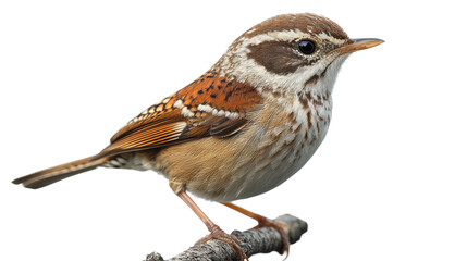 Fototapeta premium Wren on Branch: Capturing the beauty of a Pacific wren perched gracefully on a weathered branch, its plumage and delicate features beautifully illuminated against the bright light. 