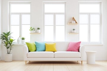modern living room with white sofa side table shelves plants blinds