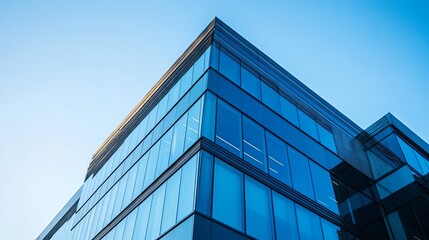 Sleek modern office building with glass facade reflecting blue sky