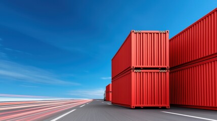 Obraz premium A series of red shipping containers stacked against a clear blue sky, creating a striking contrast in an industrial setting.