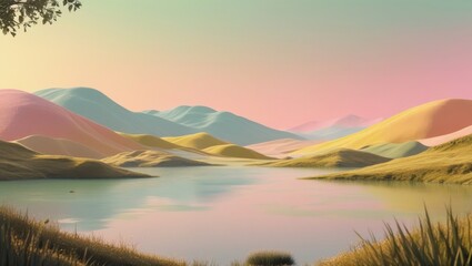 Vibrant Pastel Hills Reflecting on a Serene Lake © GREENMUR