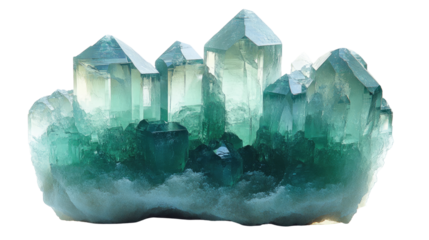 Celestial Gemstone Cluster: A mesmerizing cluster of radiant, crystalline gemstones, showcasing a spectrum of cool blue and green hues, hinting at hidden depths and ethereal beauty.
