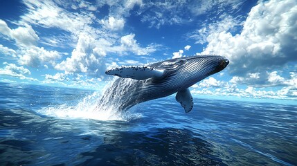 Fototapeta premium Humpback Whale Breaching in Ocean, Dramatic Sky Background. A majestic humpback whale leaps from the deep blue ocean under a vibrant sky filled with fluffy white clouds.