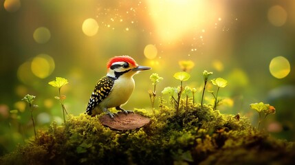 Woodpecker perched on moss, sunlit forest