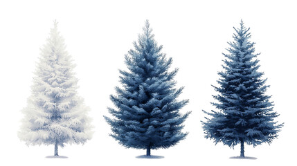 Png of Three decorative pine trees in varying shades of white and blue, perfect for a winter celebration on transparent background.