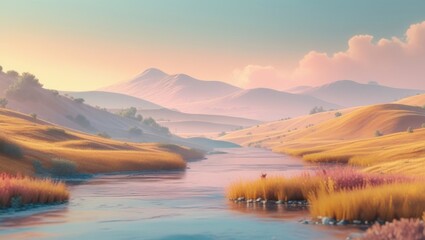 Serene Mountain River Valley at Sunrise